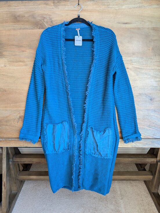 Free People Sweaters - Free People Longline Cardigan Womens Small Blue Knit Frayed Trim Open Front
